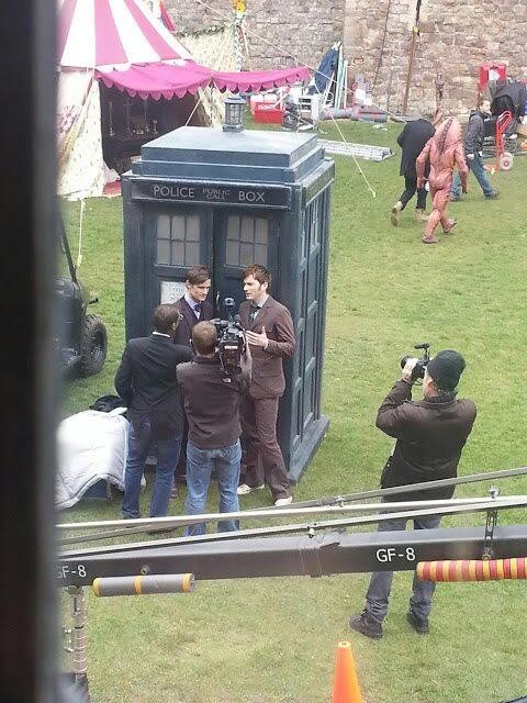 Matt Smith and David Tennant in costume as the 10th and 11th Doctors, filming DW's 50th Anniversary special. 