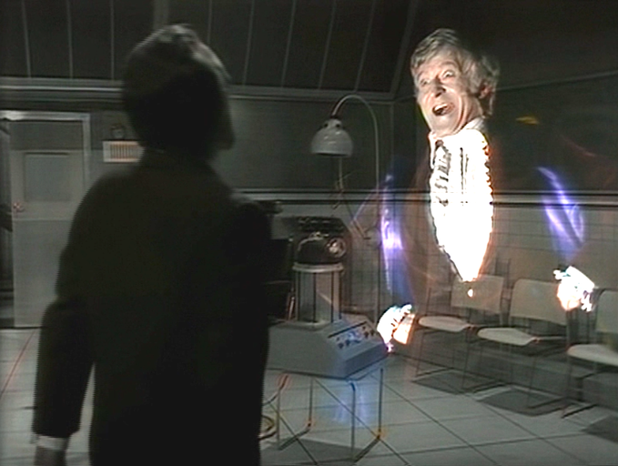 The Master (Roger Delgado) is tormented by visions of the Doctor (Jon Pertwee) in DOCTOR WHO: The Mind of Evil  