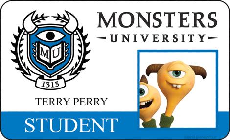 Terry Perry Student ID - MONSTERS UNIVERSITY