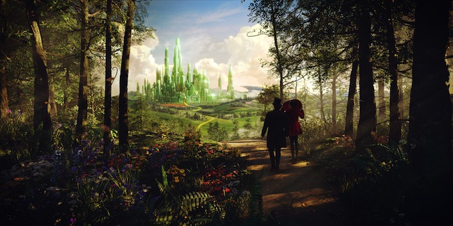 Oz (James Franco) and Theodora (Mila Kunis) approaching the Emerald City in OZ THE GREAT AND POWERFUL