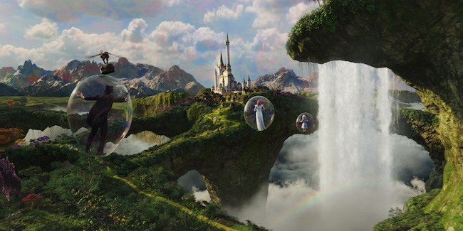 Oz (James Franco) and Glinda the Good (Michelle Williams) travel by bubbles in OZ THE GREAT AND POWERFUL