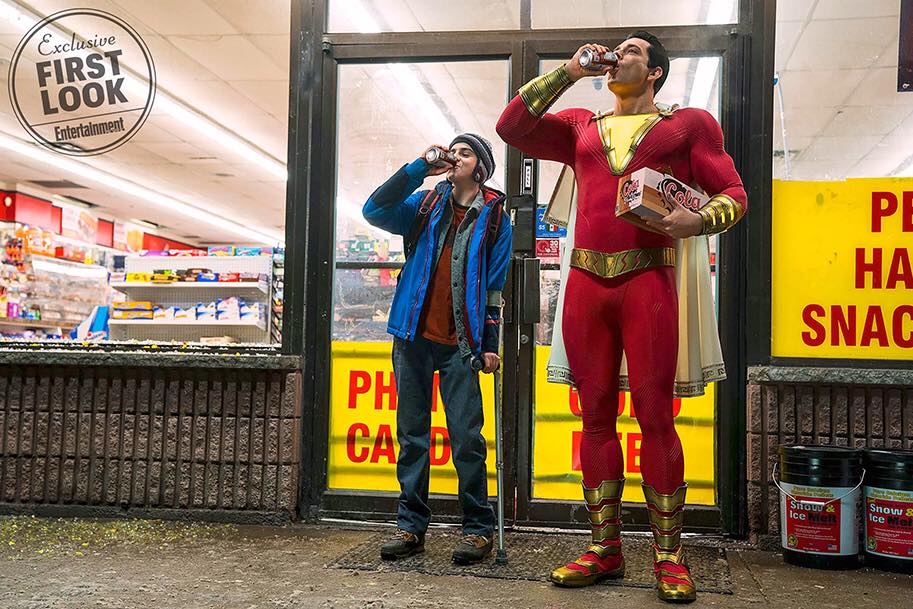 Jack Dylan Grazer as Freddy Freeman and Zachary Levi as Shazam