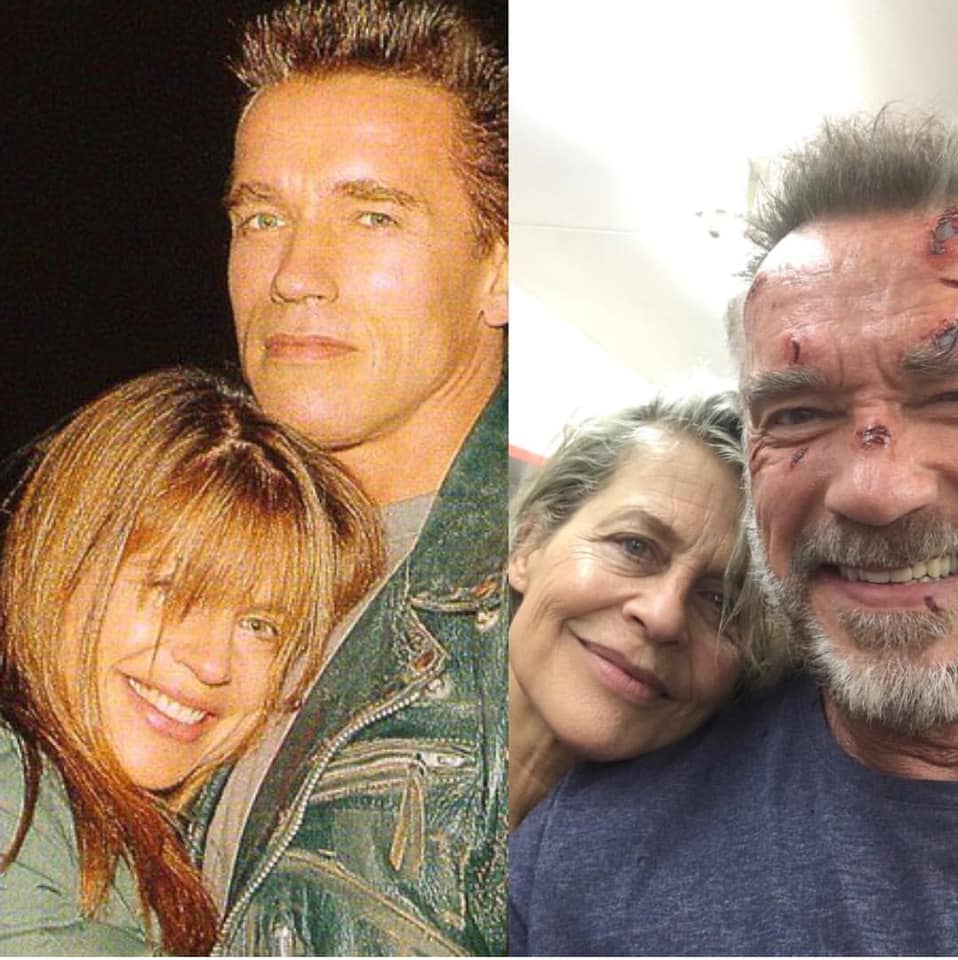 Linda Hamilton and Arnold Schwarzenegger on the sets of T2 (1990) and T5 (2018)