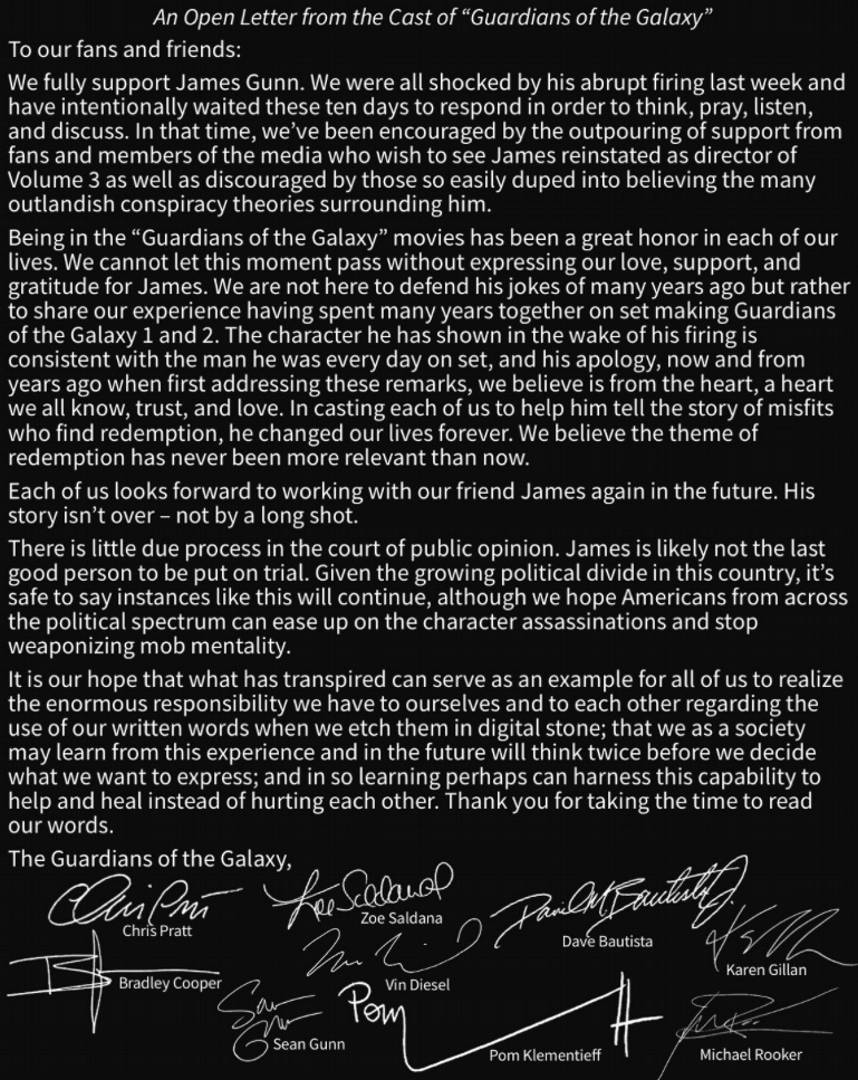 Open Letter from the cast of Guardians of the Galaxy 3