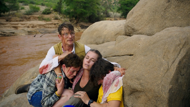 (L-R) Philip Winchester as Jack Halsey, Isabel Bassett as Zoe Halsey, Rebecca Romijn as Lauren Halsey, and Michael Johnston as Noah Halsey in the action thriller film, ENDANGERED SPECIES, a Lionsgate Release. Photo Courtesy of Lionsgate.