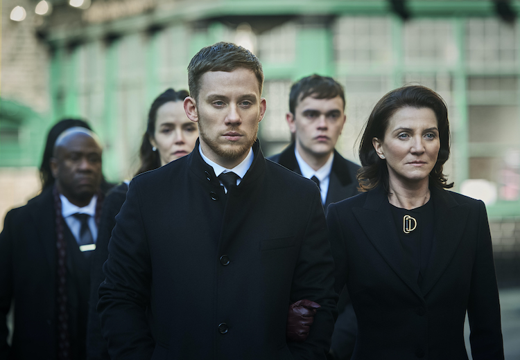 Michelle Fairley, Lucien Msamati, Valene Kane, Joe Cole, and Brian Vernel in the action/crime drama TV series, GANGS OF LONDON. Photo courtesy of RLJE Films.