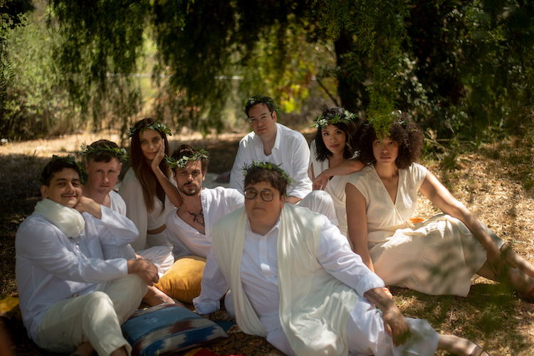 (L-R) Josh Fadem as Neptune, Johnny Pemberton as Desmond, Angela Sarafyan as Willow, Mathew Gray Gubler as Thorn, Andy Milonakis as Percival, Nelson Franklin as Angus, Emily Chang as Echo and Kate Comer as Rowena in the comedy KING KNIGHT, a King Knight LLC release. Photo courtesy of King Knight LLC.