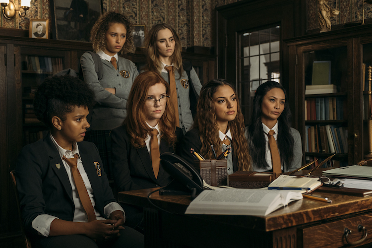 (T-B / L-R) Ella-Rae Smith as Helina, Suki Waterhouse as Camille, Djouliet Amara as Rosalind, Madisen Beaty as Bethany, Inanna Sarkis as Alice, and Stephanie Sy as Yvonne in the horror film, SEANCE, an RLJE Films and Shudder release. Photo courtesy of RLJE Films and Shudder