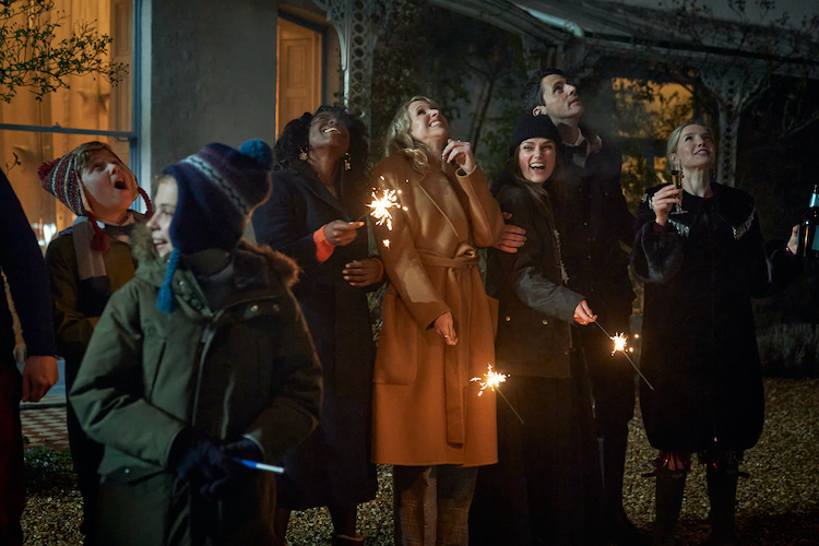 [L-R] Kirby Howell-Baptiste, Lucy Punch, Kiera Knightley, Matthew Goode and Annabelle Wallis in the drama/horror SILENT NIGHT, an AMC+ and RLJE Films release. Photo courtesy of AMC+ and RLJE Films.