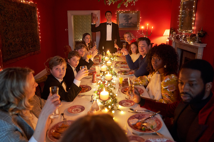 [L-R] Lucy Punch, Hardy Griffin Davis, Roman Griffin Davis, Gilby Griffin Davis, Keira Knightley, Matthew Goode, Annabelle Wallis, Davida McKenzie, Rufus Jones, Kirby Howell-Baptiste and Ṣọpẹ́ Dìrísù in the drama/horror SILENT NIGHT, an AMC+ and RLJE Films release. Photo courtesy of AMC+ and RLJE Films.