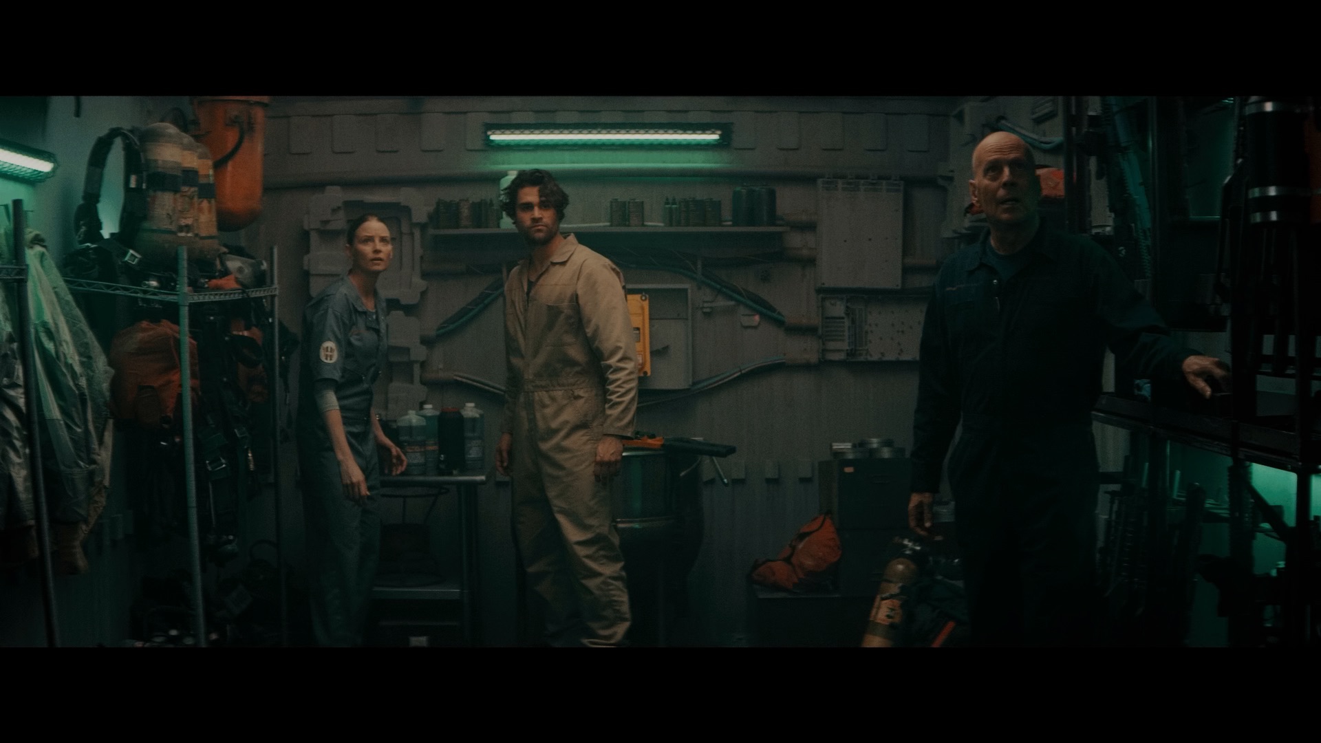 (L - R) Rachel Nichol s as Chambers, Cody Kearsley as Noah , and Bruce Willis as Clay Young in the sci - fi/action film , BREACH , a Saban Films release. Photo courtesy of Saban Films.