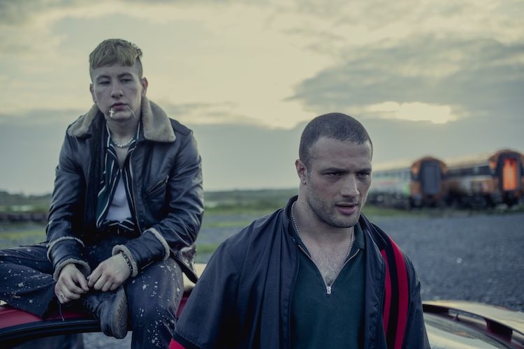 (L - R) Barry Keoghan as Dympna Devers and Cosmo Jarvis as Douglas “Arm” Armstrong in the thriller film THE SHADOW OF VIOLENCE, a Saban Films release. Photo courtesy of Saban Films.