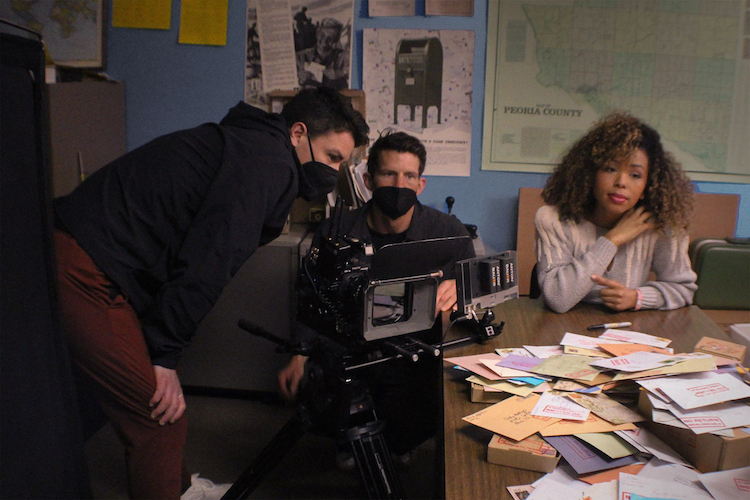 [L-R] Co-Writer/Co-Director Joe DeBoer, Co-Writer/Co-Director Kyle McConaghy and Micki Jackson as “Ann,” on the set of the horror film, DEAD MAIL. Photo courtesy of Dead Mail LLC. 