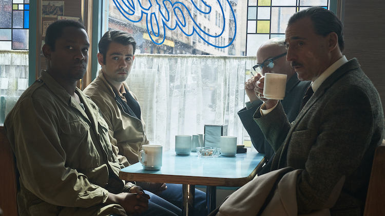 (L-R) Aml Ameen as Tempest, Jack McMullen as Cole, Tom Vaughan-Lawlor as Keenan, and Mark Strong as Holland in the action/thriller/drama film, DEAD SHOT a Quiver Distribution release. Photo Courtesy of Anne Binckebanck. 