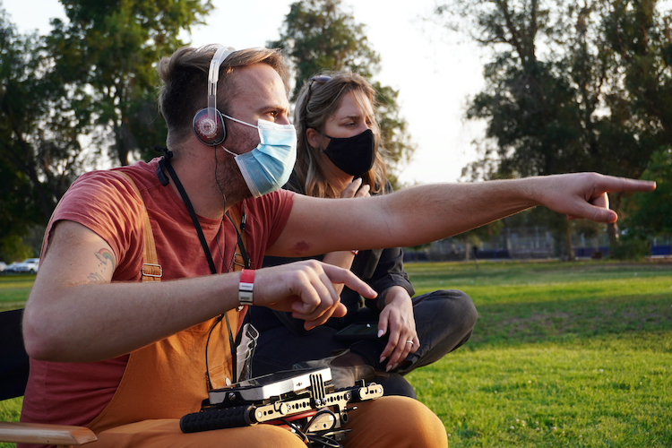   Director Addison Heimann and 1st AD Lizzy Walker on set of the horror/LGBTQ+ film,HYPOCHONDRIAC, an XYZ Films release. Photo courtesy of XYZ Films.