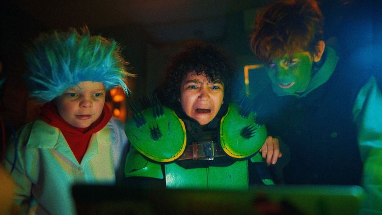 [L-R] Asher Grayson Percival as Jack, Dominic Mariche as Gary, and Ben Tector as Miles in the horror/sci-fi film, KIDS VS. ALIENS, an RLJE Films and Shudder release. Photo courtesy of RLJE Films and Shudder. 