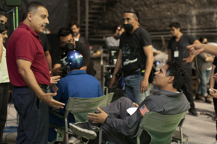 [L-R] José Hernández and Michael Peña behind the scenes of the drama, A MILLION MILES AWAY, an Amazon Release in studio. Photo courtesy of Daniel Daza/Prime.