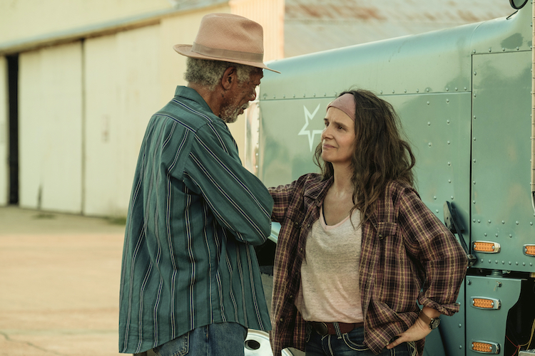(L-R) Morgan Freeman as Gerick and Juliette Binoche as Sally in the thriller film, PARADISE HIGHWAY, a Lionsgate release. Photo courtesy of Lionsgate.