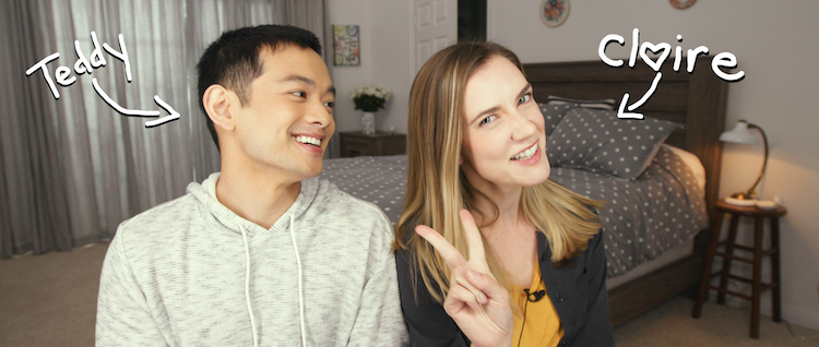 (L - R) Osric Chau as Teddy and Sara Canning as Claire in SUPERHOST