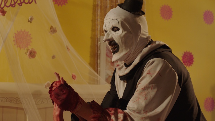 David Howard Thornton as Art the Clown in the horror film, TERRIFIER 2, a CINEDIGM release. Photo courtesy of CINEDIGM.