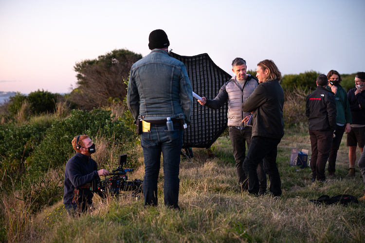 [L-R] Shelley Farthing-Dawe (Cinematographer), Matt Nable (“Johnny”) and Sam Worthington (“Ryan Logan”) in the thriller/action/crime film, TRANSFUSION, a Saban Films release. Photo courtesy of Saban Films.